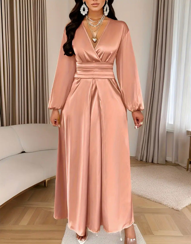 Satin V-neck Waist-cinched Maxi Dress With Puff Sleeves
