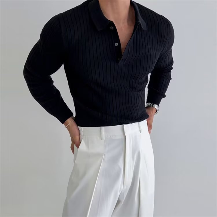 Lapel Button Long Sleeve Polo Shirt for Men