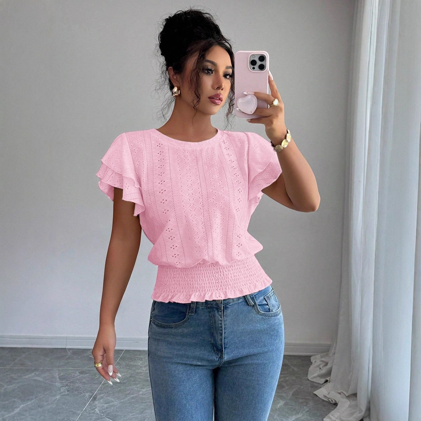 Jacquard Solid-color Crewneck