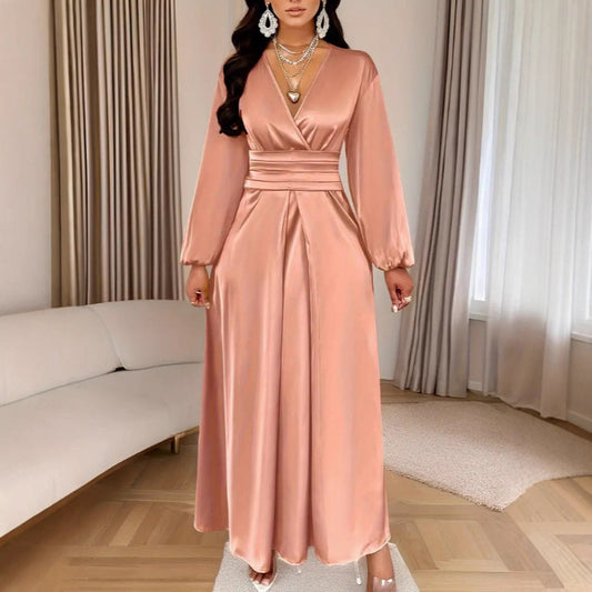 Satin V-neck Waist-cinched Maxi Dress With Puff Sleeves