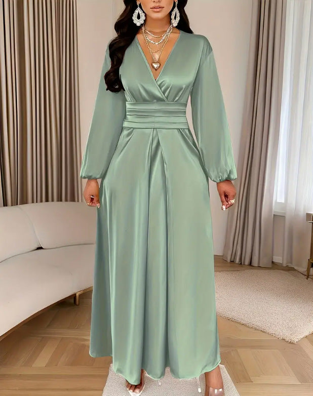 Satin V-neck Waist-cinched Maxi Dress With Puff Sleeves