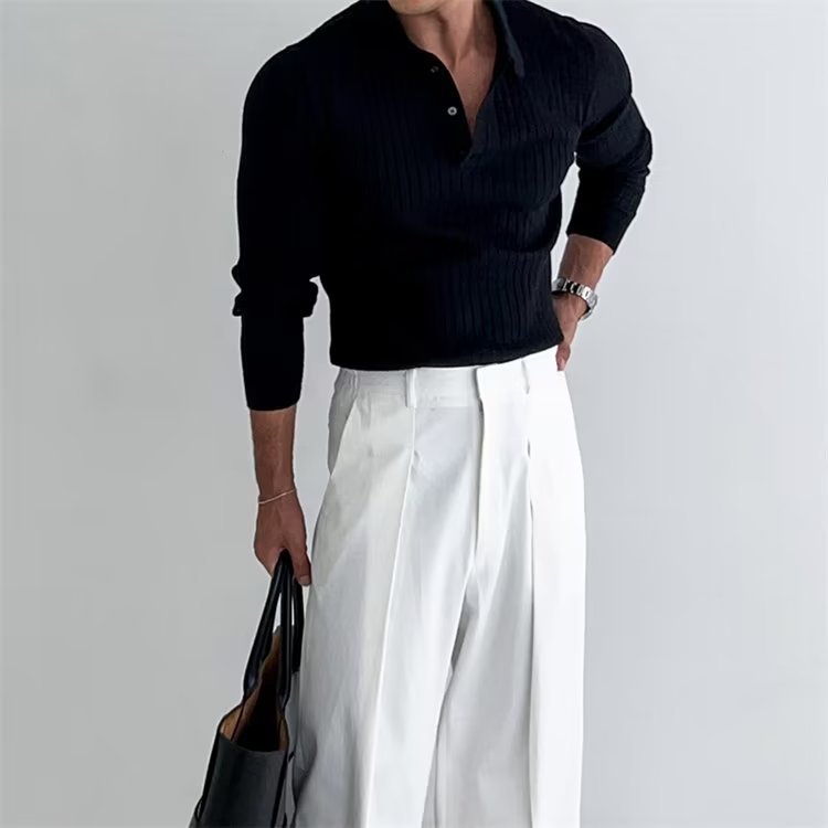 Lapel Button Long Sleeve Polo Shirt for Men