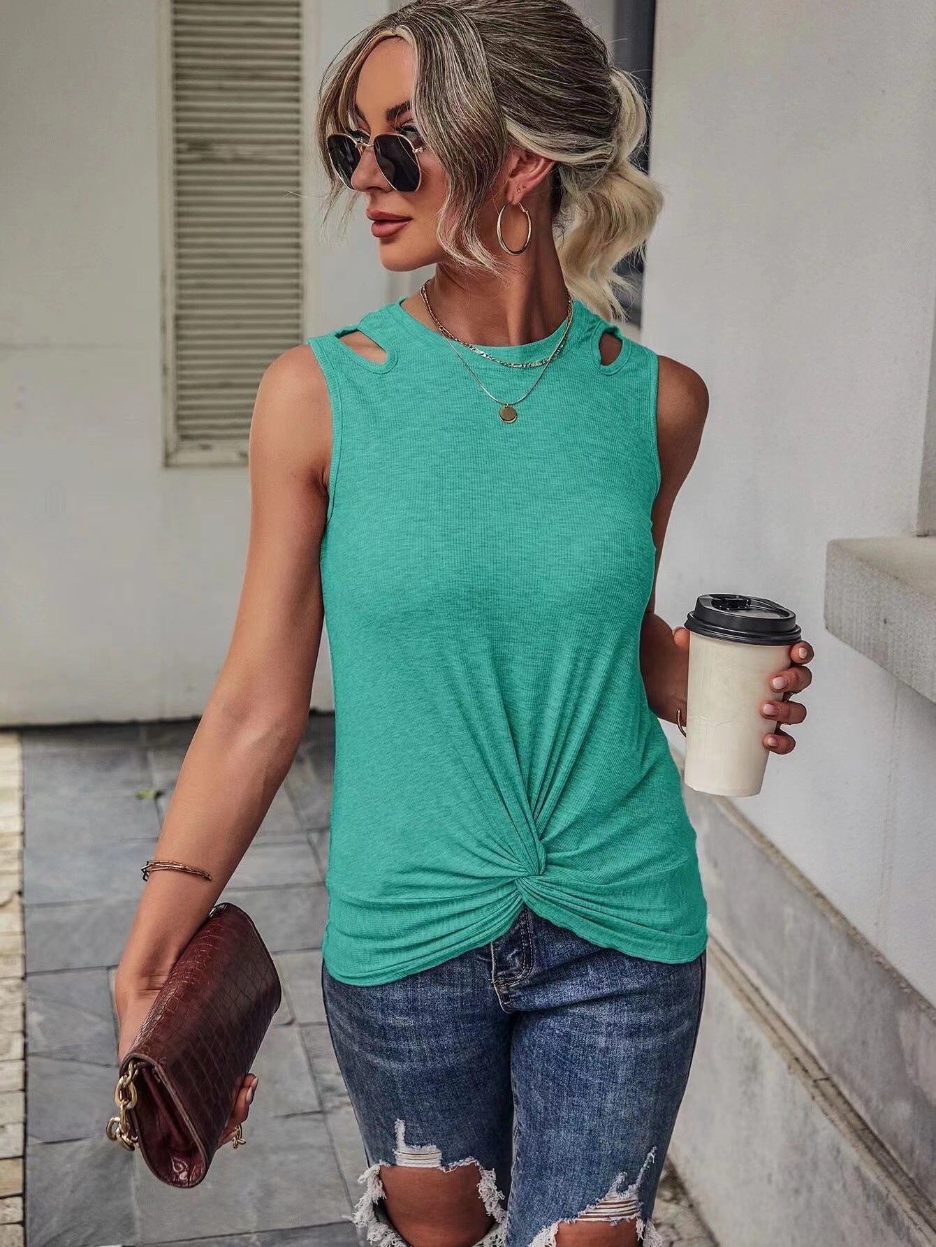 Solid Color Knotted Crew Neck Tank Top Womens
