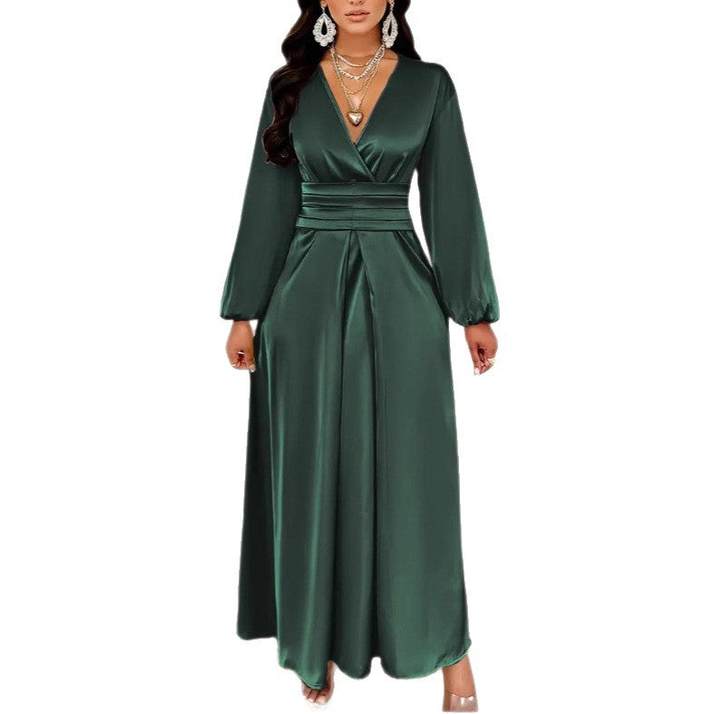 Satin V-neck Waist-cinched Maxi Dress With Puff Sleeves