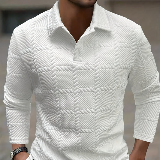 Mens Solid-Color Lapel Front-Button Long-Sleeve Polo Shirt