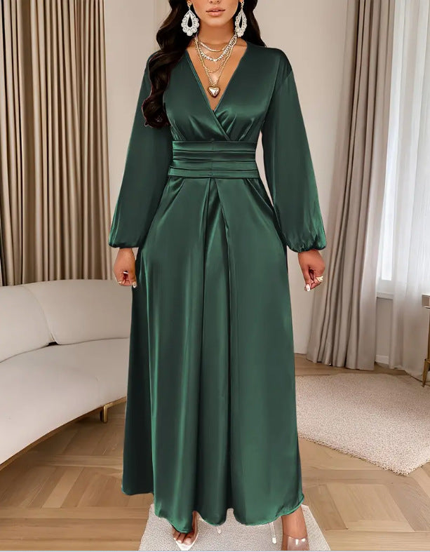 Satin V-neck Waist-cinched Maxi Dress With Puff Sleeves