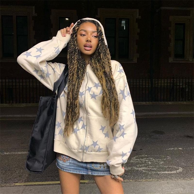 Stars Printed Zipper Hooded Cardigan