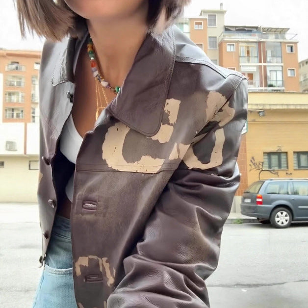 Fashionable Minimalist Versatile Printed Leather Short Jacket With Long Sleeves