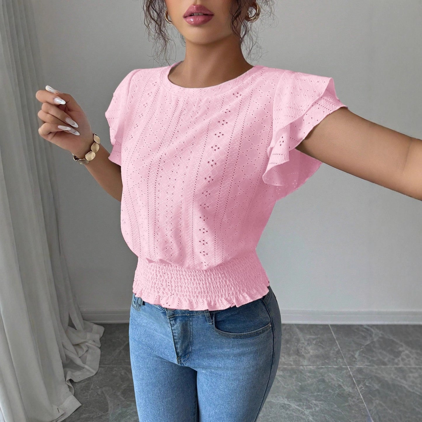 Jacquard Solid-color Crewneck