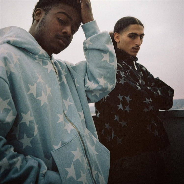 Stars Printed Zipper Hooded Cardigan