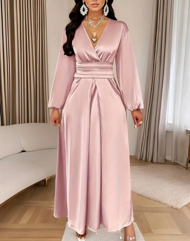 Satin V-neck Waist-cinched Maxi Dress With Puff Sleeves