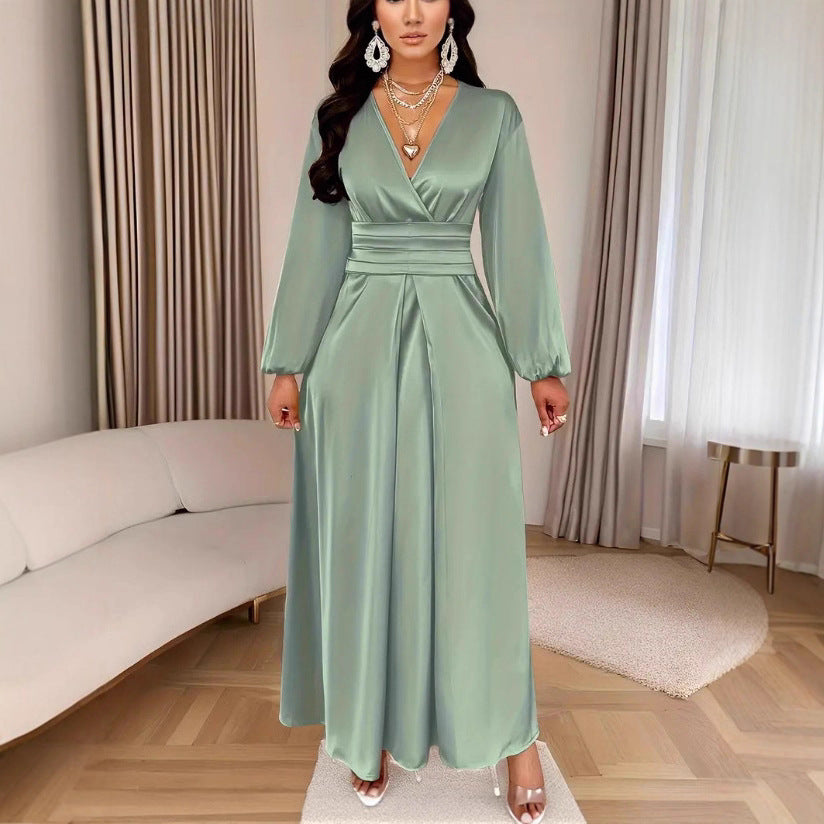 Satin V-neck Waist-cinched Maxi Dress With Puff Sleeves