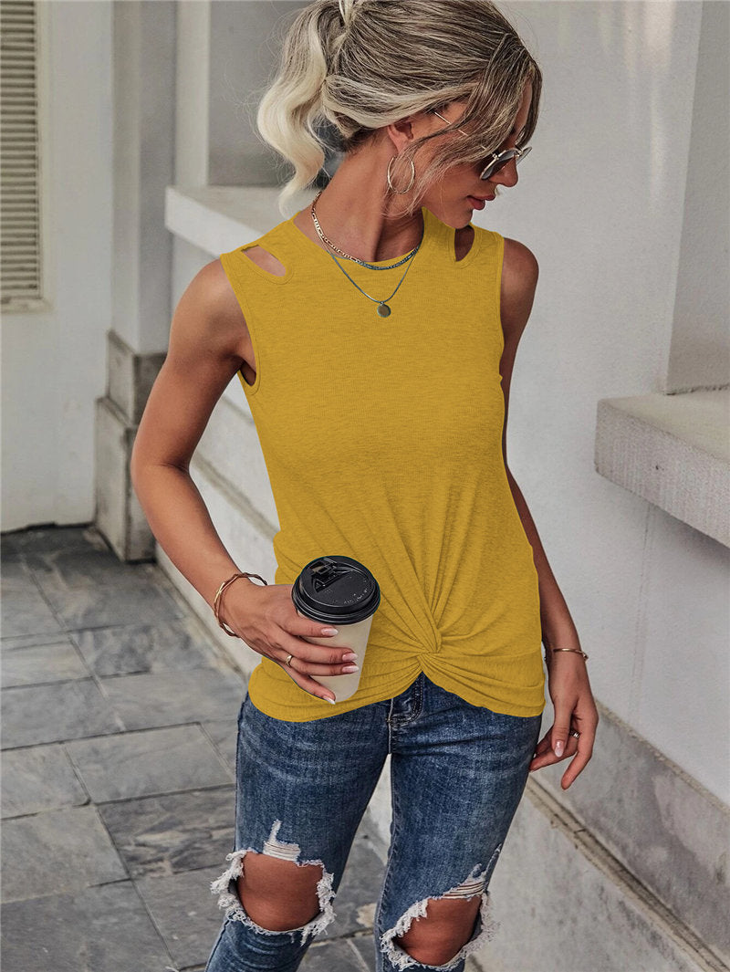 Solid Color Knotted Crew Neck Tank Top Womens