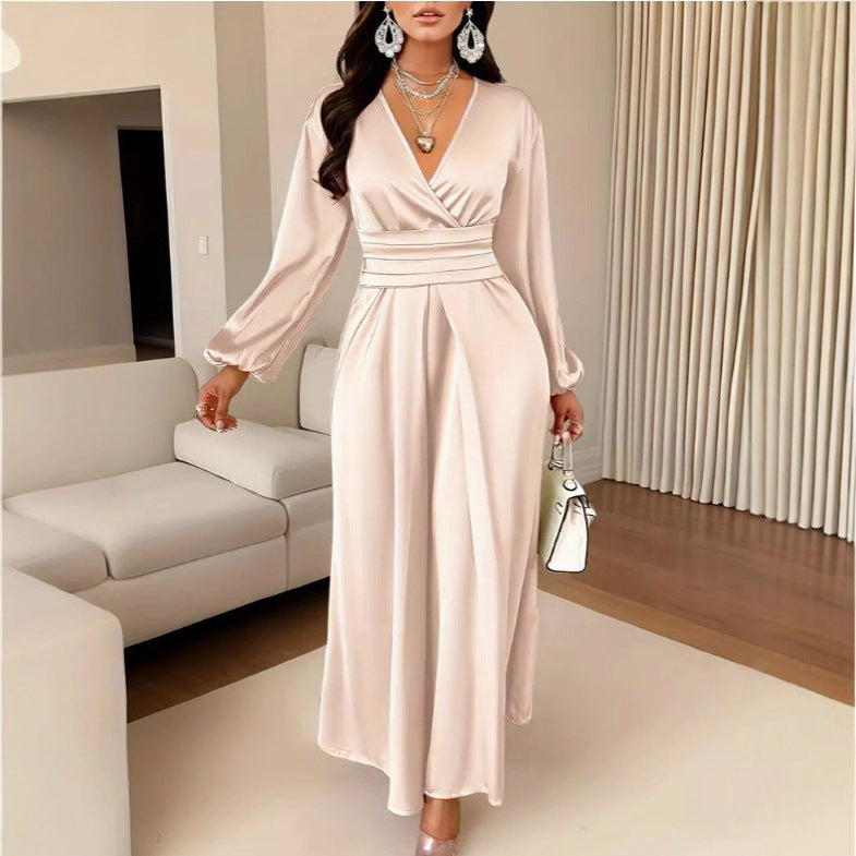 Satin V-neck Waist-cinched Maxi Dress With Puff Sleeves